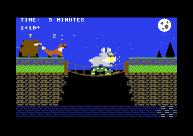 Mid-bridge: the rabbit rides the turtle, the planks lit by the jar