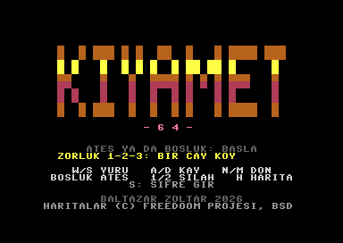 The KIYAMET 64 title screen: the burning logo and the difficulty choice
