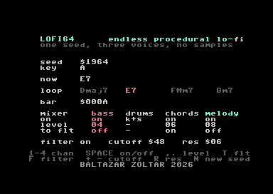 The main screen while it plays: seed, key, the chord loop and the mixer