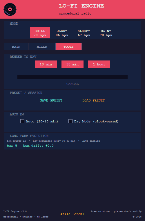 Tools: save to WAV, presets, Auto DJ and Day Mode